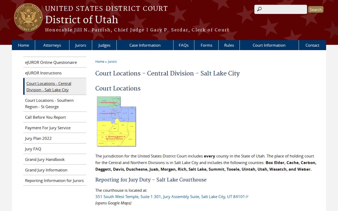 Tooele County arrest warrants, federal court location for Utah Central Division