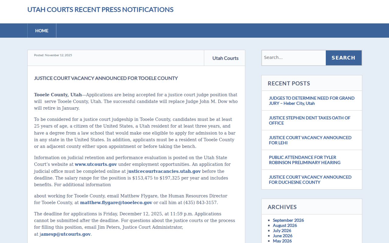 Tooele County bench warrants, justice court vacancy announcement
