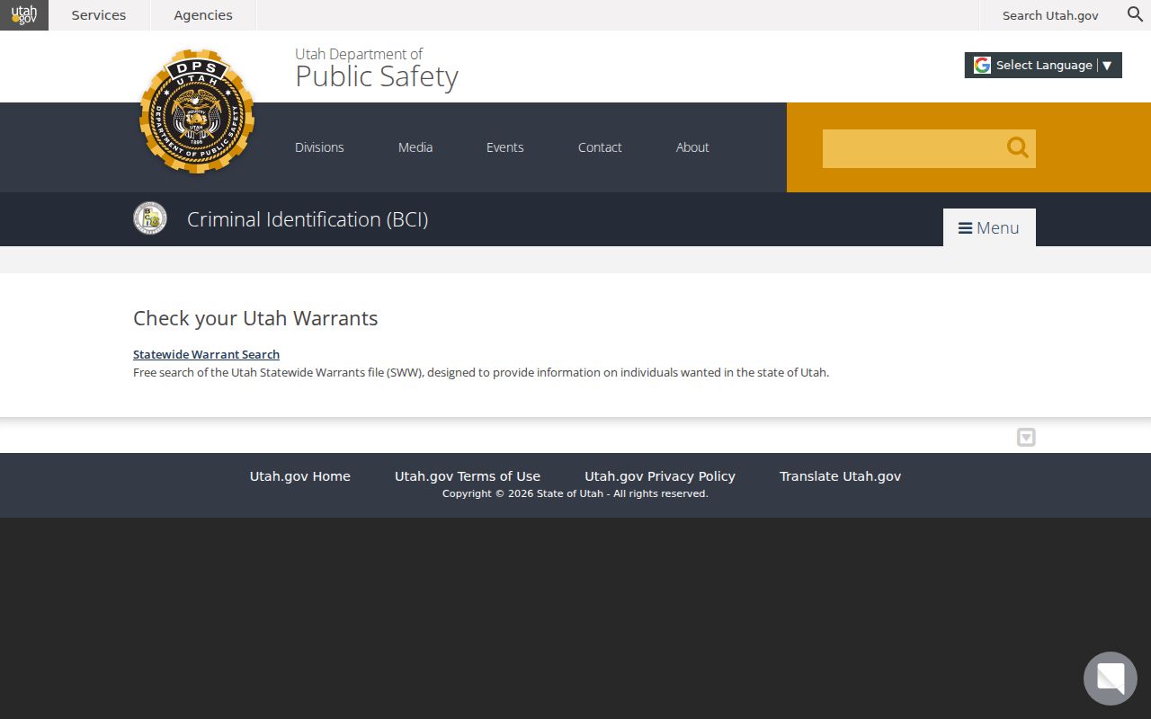 Tooele County warrant records, Utah BCI warrant search page